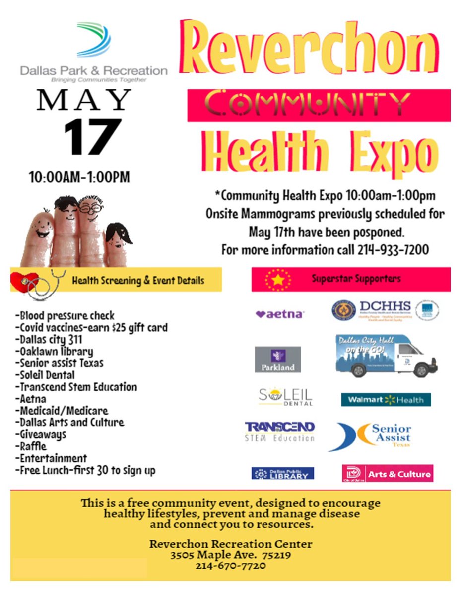 You're invited to the FREE Reverchon Community Health Expo happening May 17! Don't miss this opportunity for health screenings including blood pressure check, COVID vaccine and more!