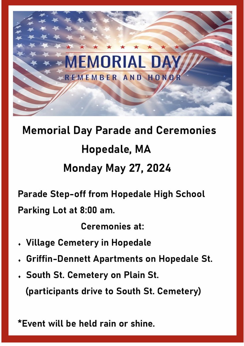 Annual Hopedale Memorial Parade and Ceremonies…will be a great day!!!