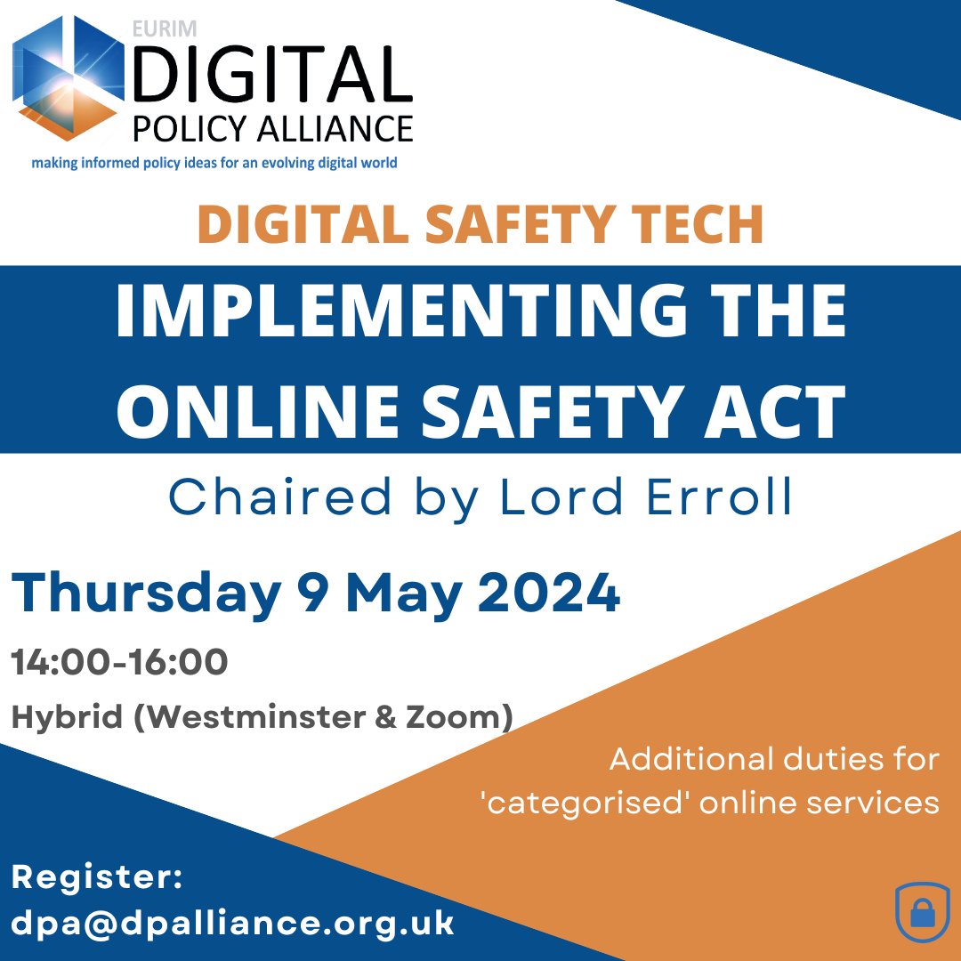 🗓️Tomorrow... DPA Digital Safety Group Meeting on Implementing the Online Safety Act: Thursday 9 May, 14:00-16:00, chaired by
<a href="/merltheearl/">Merlin Erroll</a> ➡️dpalliance.org.uk/events/digital…… #onlinesafety #onlinesafetybill #onlinesafetyact #digitalsafety #ageassurance