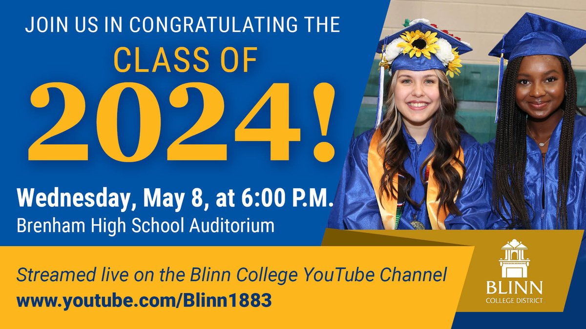 Today's the day! 🥳 Join us in celebrating our spring 2024 Blinn College District graduates. If you can't attend the commencement ceremony in person, please join the livestream available through our YouTube channel: bit.ly/44zPSDV 🎓