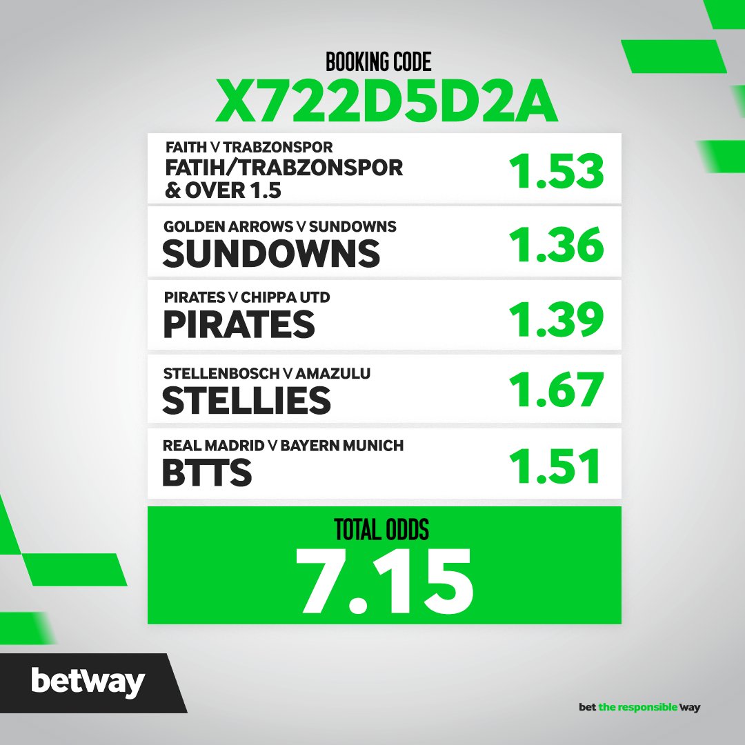 Wednesday Betslip 🔥🔥🔥

Back again 🙌🙌🙌

Turkiye Cup ✅
DSTV Premiership ✅
UCL ✅

Bet Code: X722D5D2A

BET NOW 👉 bit.ly/3A4KXvJ-Betway…

Together Squad

#BetwaySquad
