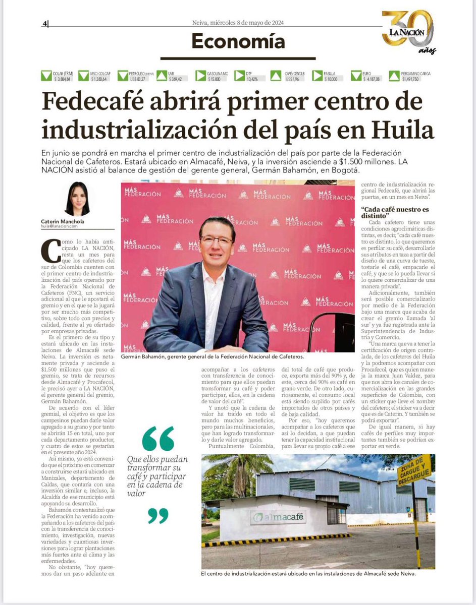 Felicitamos a  @GermanBahamon  por priorizar a nuestros caficultores y al departamento en la creación del primer centro de industrialización de café en Colombia. 🧵🪡