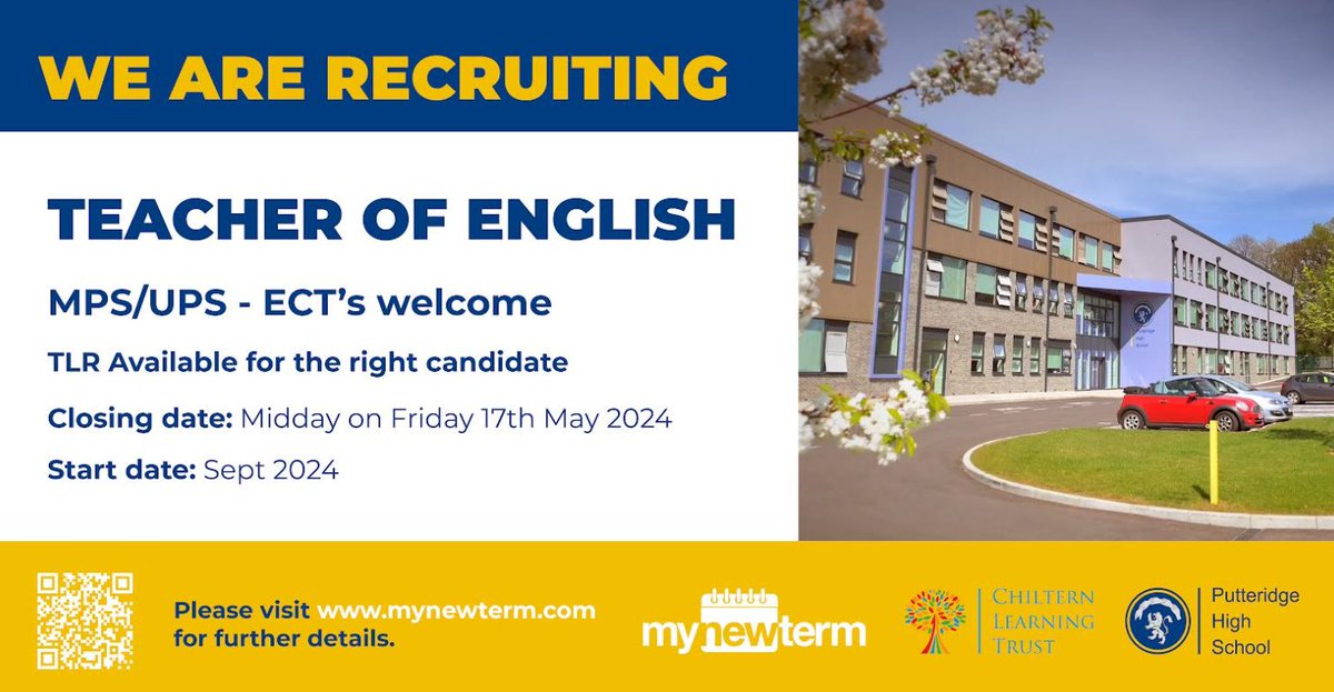 An exciting opportunity for a Teacher of English to join our team.

Apply now via MyNewTerm. Closing date is midday on Friday 17th May.

mynewterm.com/school/Putteri…