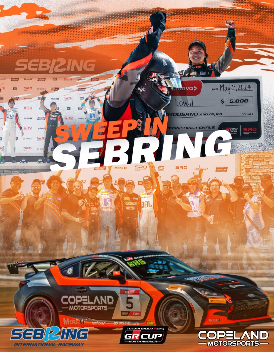 Clean Sweep! Two Pole Positions Two Wins Six Podium Finishes A clean sweep of the Toyota GR Cup North America event at Sebring! #WinningWednesday / #CopelandMotorsports / #GRC86 / #GRCup / #OfficialGRCup / #TGRNA