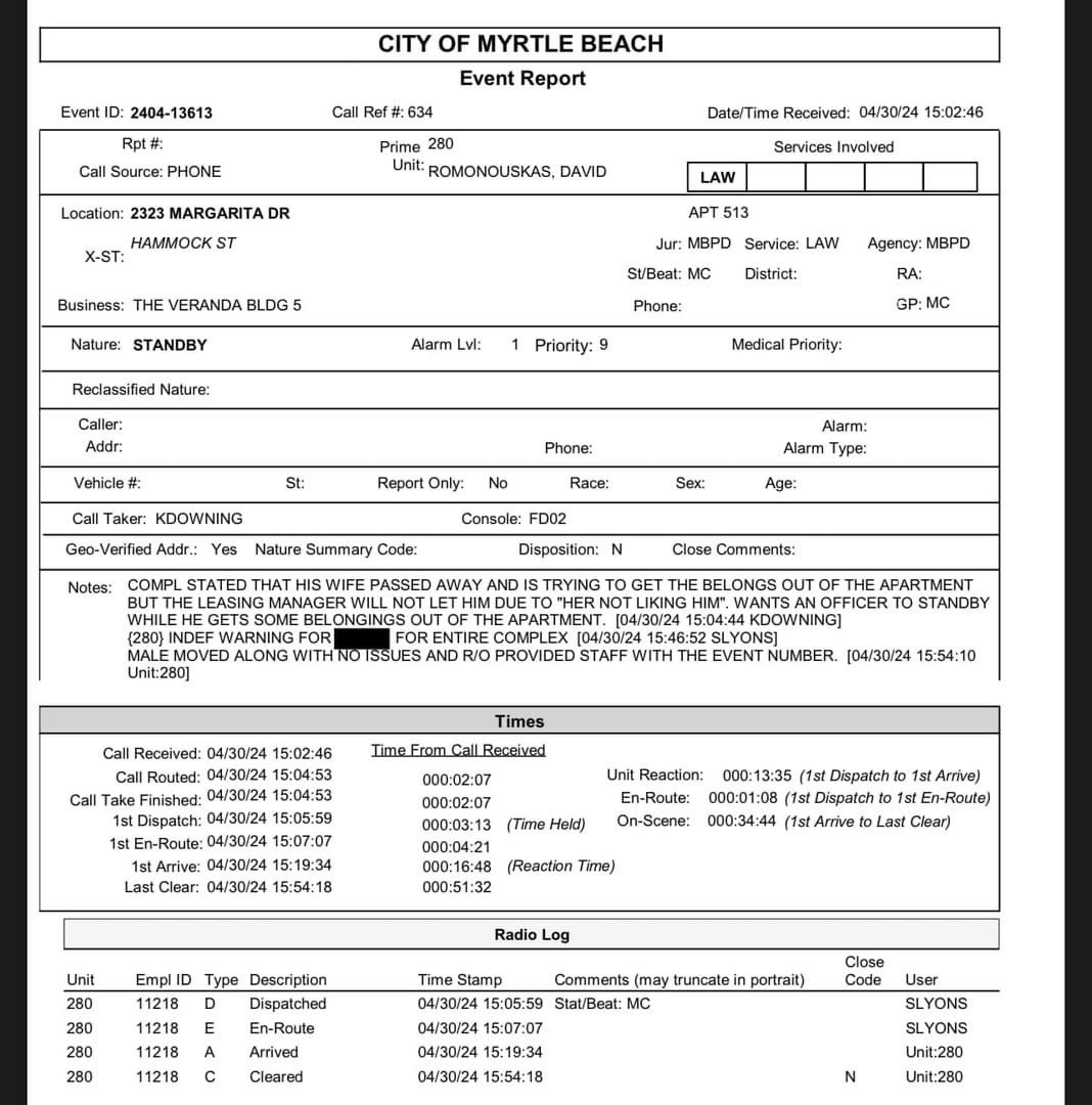 Myrtle Beach police reports are being circulated online pertaining to John Paul Miller and Mica. Note that 3 days after Mica’s death, John Paul Miller attempted to access her apartment but was denied entry after the manager contacted police. #MicaMiller