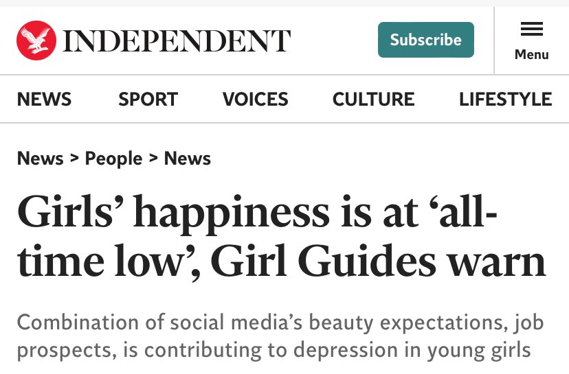 HAPPINESS levels of girls has DECREASED over the last 15 years —@girlguiding report   Women and girls deserve better.   Time to put a lens of health and happiness over all policy decisions.   ➡️ trueandfairparty.uk/_put_people_fi…