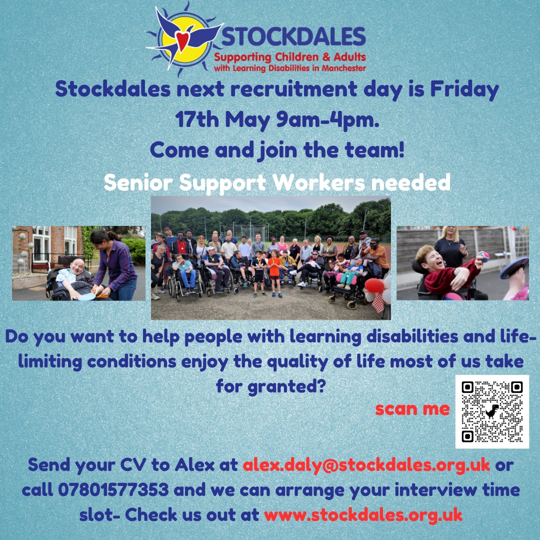 Recruitment day at Stockdales Friday 17th May 9am-4pm. #sale #altrincham #timperley #trafford #urmston #stretford #wythenshawe #jobsincare #seniorsupportworkers #localcharity #recruitmentday
