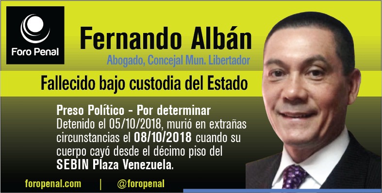 ForoPenal's tweet photo. #8My Hoy recordamos la muerte, bajo custodia del estado, del preso político 𝗙𝗲𝗿𝗻𝗮𝗻𝗱𝗼 𝗔𝗹𝗯á𝗻, ocurrida en extrañas circunstancias hace 5 años, el 08/10/2018.-
No lo olvidemos #QueSeHagaJusticia
Venezuela
Más info de su caso en: https://t.co/G8f8DRbuBq https://t.co/vG1Q0TuAO4