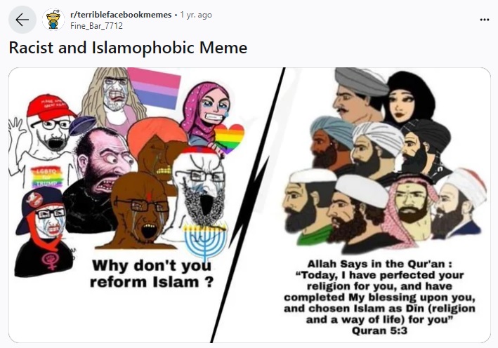 If anything encapsulates the sheer stupidity of the woke left and their suicidal attachment to Islam it's reporting a pro Islam meme on Reddit that's actually mocking THEM as being racist and Islamophobic. 
#Islamophobia
