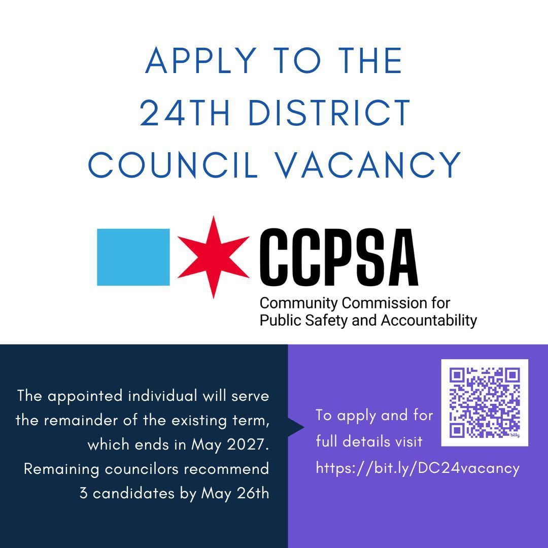 The deadline to apply for the 24th District Police Council Vacancy has been extended to Sunday, May 26th. Are you interested in public safety matters in the ward? To apply, please visit buff.ly/3ybboD5
