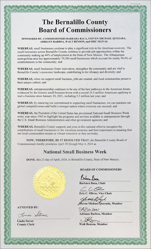 ✨ Did you know @BernCounty 💖 loves #smallbusiness as much as we do?

Shout out to #BernCo Econ Dev Dept & the Board of Commissioners for proclaiming Apr 28–May 4 as #NationalSmallBusinessWeek❗

Sponsors: Chair Baca & Commissioner Benson

#NMSmallBiz
#communitypartners
#NSBW