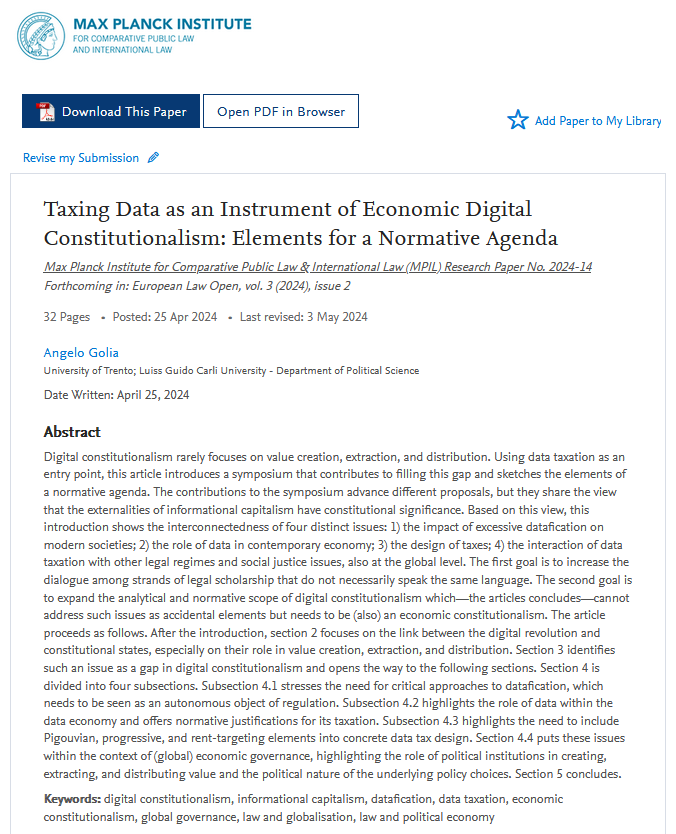 In #Mpil Research Paper Series Nr 2024-14 @AJrGolia sketches the elements of a normative agenda for an economic #DigitalConstitutionalism focussing on the #dataeconomy. 👉is.gd/NRk6J8 #informationalcapitalism, #datafication, #datataxation, #globalgovernance