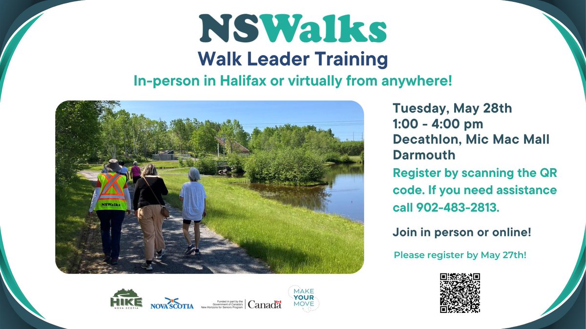 Like to walk &amp; want to give back to your community? Join our virtual or in person. training session on Tuesday, May 28. #NSWalks is a program of @HikeNS, supported by @nsgov, New Horizons for Seniors Program. More info: nswalks.ca