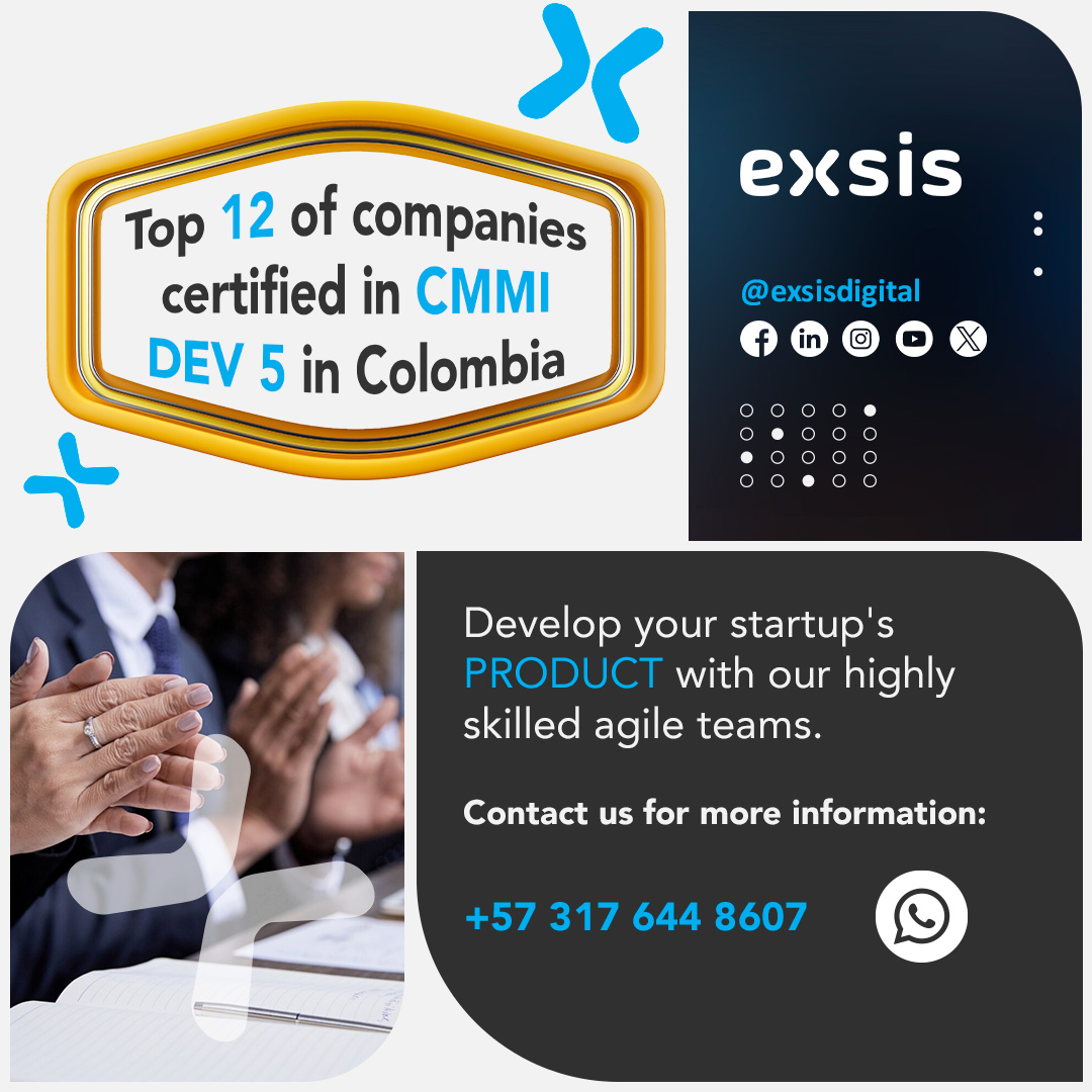 Proudly among the Top 12 CMMI DEV 5 certified companies, our journey reflects a commitment to excellence in development.🌟   

Contact us: exsis.co  

#CMMI #AgileTeams #StartupProduct #ColombiaTech #Innovation #Certification #Development #Top10