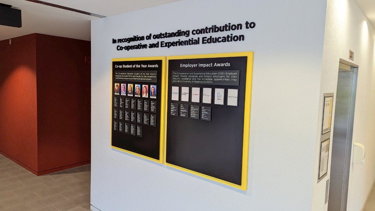 Continuing our client spotlight for University of Waterloo 💛🖤🎓 Taking a look at the William M. Tatham Centre where we installed cutout letters, custom history board and awards recognition. #uwaterloo #uwaterlooproud #uwaterloolife