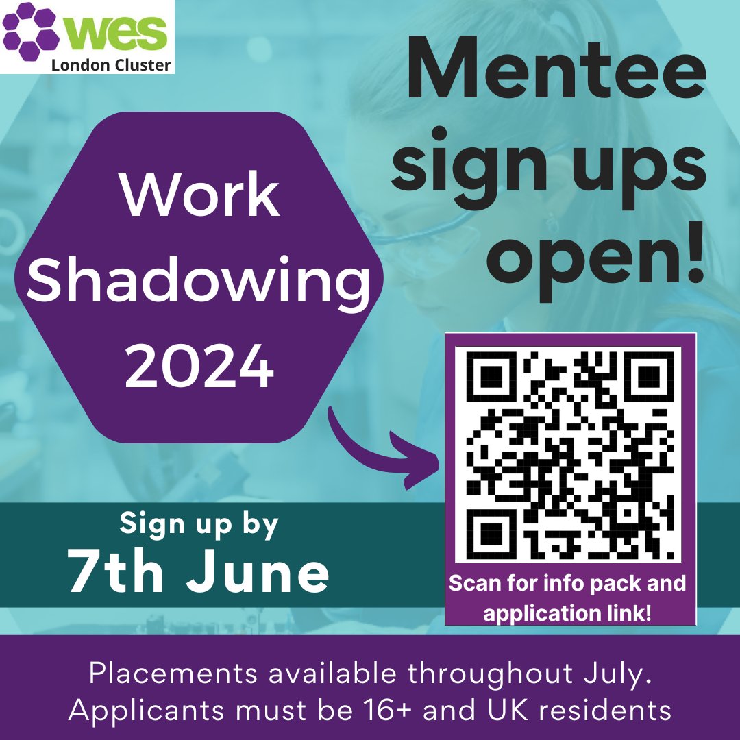 Find out all about working in STEM through shadowing a mentor either virtually or in person! WES work shadowing allows you to find out all about working in STEM and shadow a mentor, completing engineering tasks! Email londoncluster@wes.org.uk