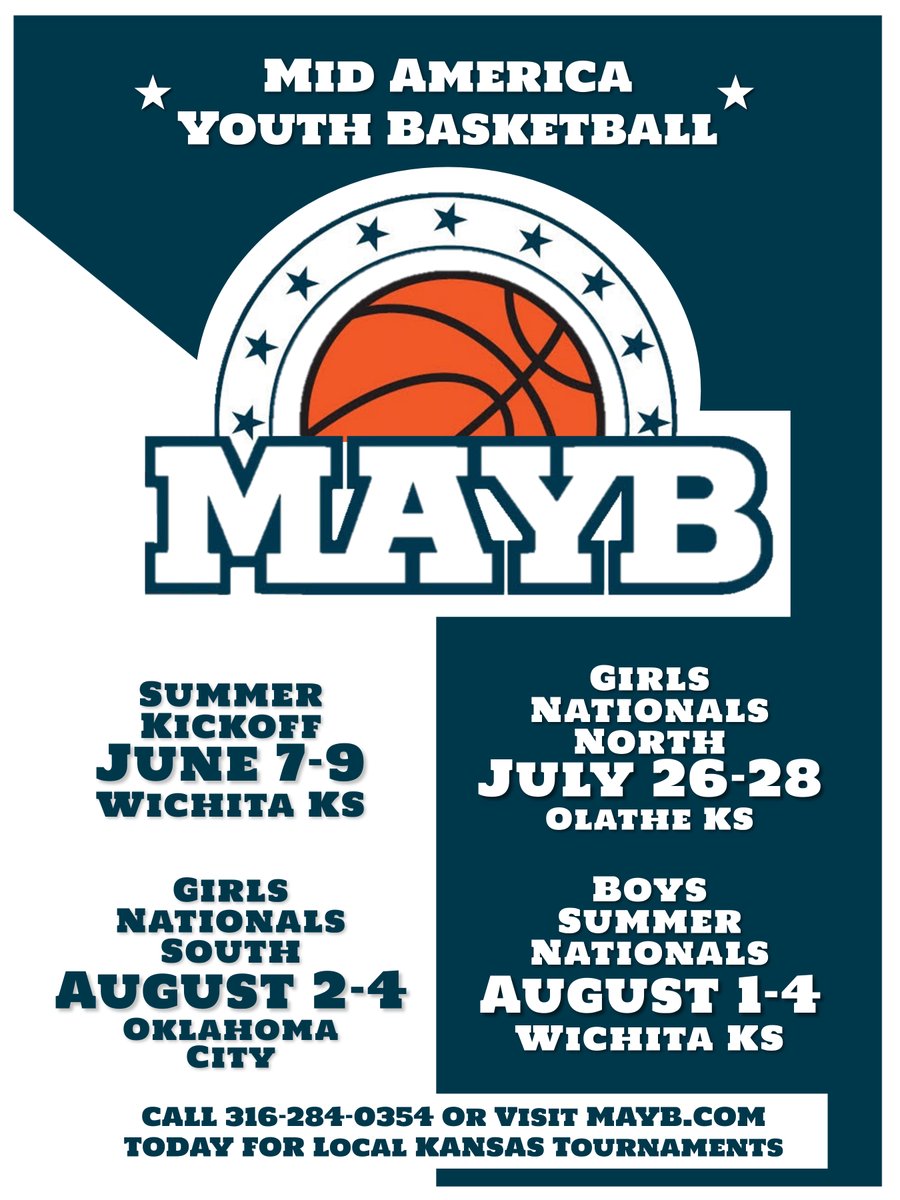 Don't miss our Summer Tournaments! All skill levels welcome! Sign up now at mayb.com or call 316-284-0354! 🏀