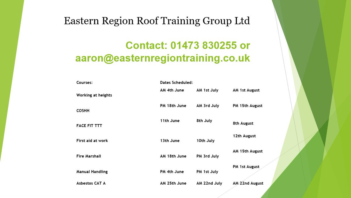 ERRTG upcoming commercial courses: 

click here to book: eastern.rooftraining.co.uk/health-safety-…