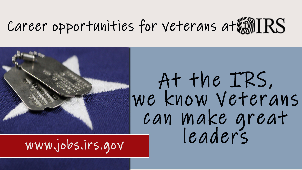 The #IRS has opportunities for #militaryspouses and #veterans. To learn more about them visit: ow.ly/7b8T50Ryse3 #Applytoday #MilitaryAppreciationMonth #jobsforvets #IRSjobs