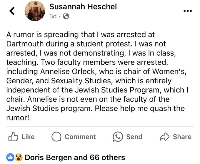 Quash the rumor! I am helping to quash the rumor that Susannah Heschel, daughter of Abraham, was willing to stand in any kind of solidarity with her colleagues or students.