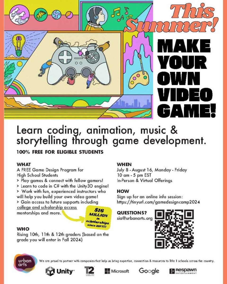 Attention high school students! 🎮 Unlock your potential with @UrbanArtsOrg Game Design & Development Program. Dive into the world of video game creation while mastering #STEAM skills like coding, animation, music, and storytelling. #GameDesign #STEAM #NYCYouth #SummerProgram