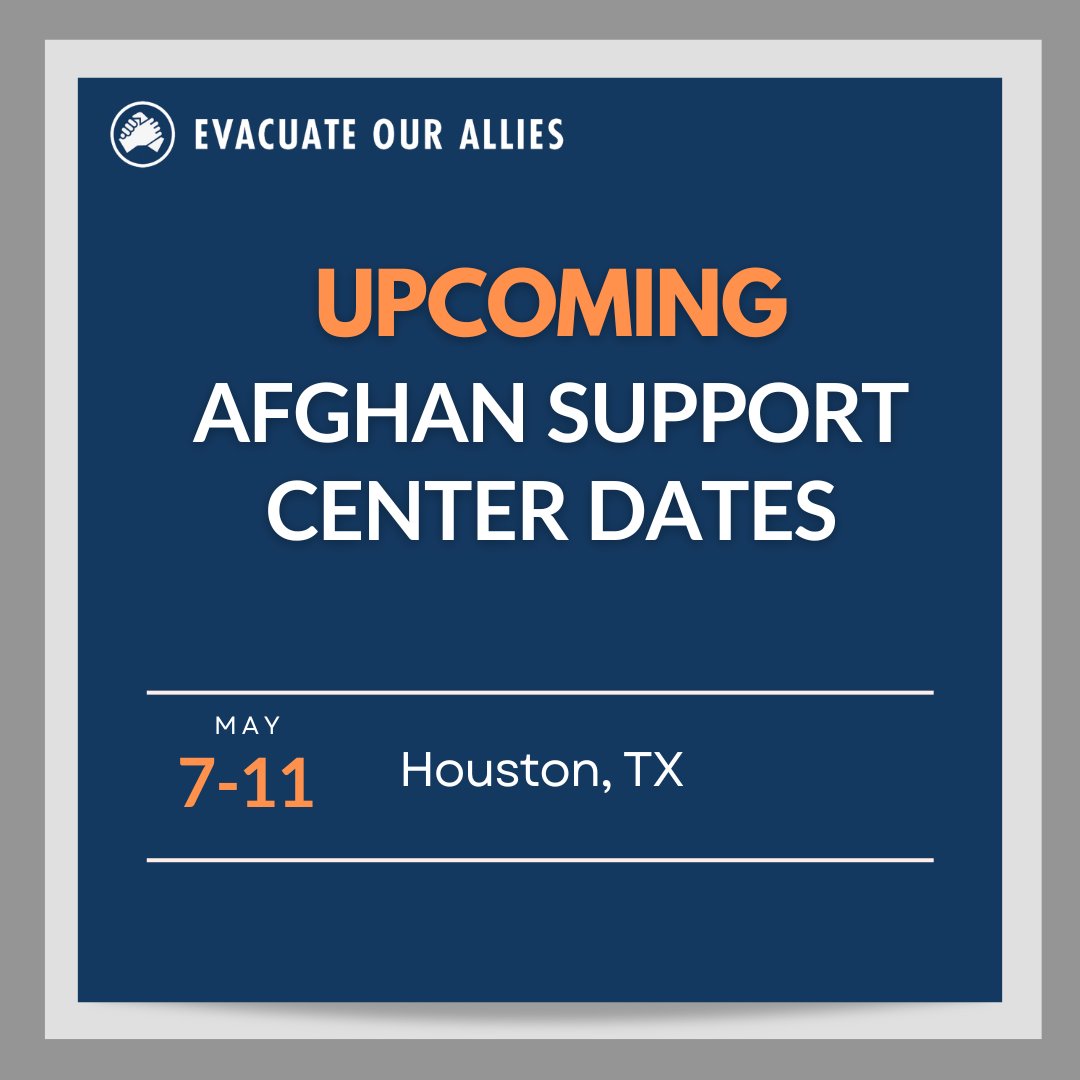 THIS WEEK: Visit @EvacOurAllies and @GlobalRefuge, @wartimeallies, @humanrights1st, @project_anar, and FAMIL at the @USCIS Afghan Support Center in Houston, TX! Learn more: centersforafghansupport.org/location/houst…