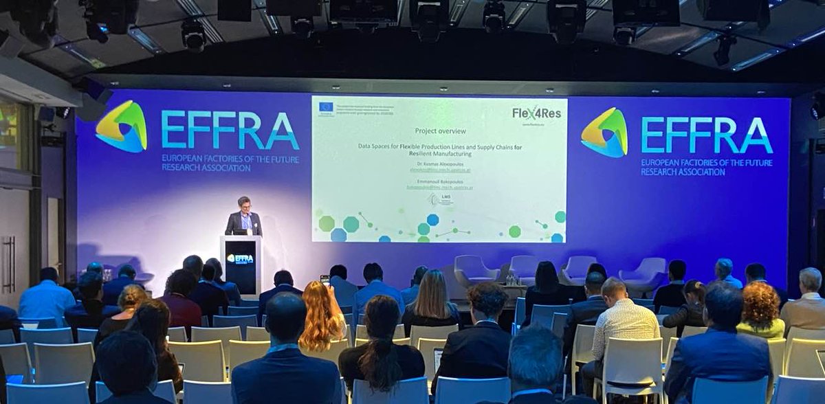 Kosmas ALEXOPOULOS from @LMSUPATRAS presents the @flex4res Project '#DataSpaces for Flexible #ProductionLines and #SupplyChains for #Resilient #Manufacturing' @ #ManuDays2024 ➡️shorturl.at/pAFQ2 #HorizonEU #MadeInEurope #research #Innovation #flexiblemanufacturing #data