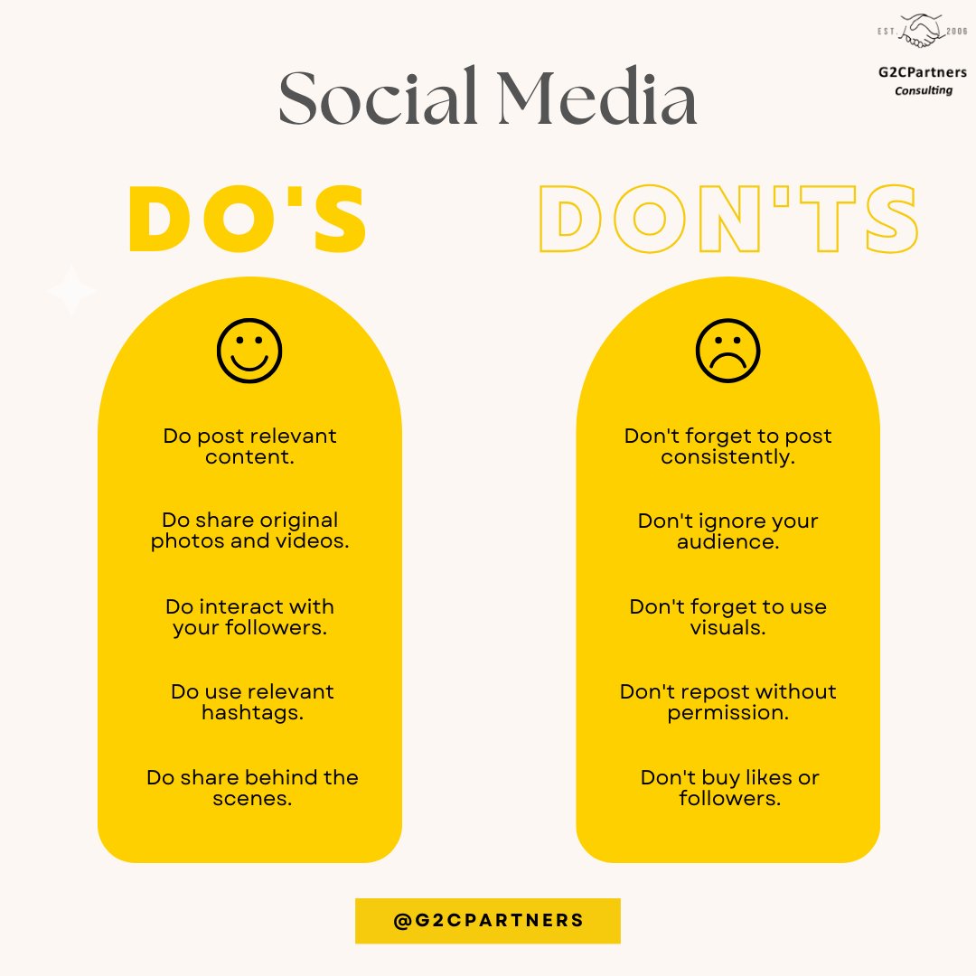 🌟 Mastering the art of social media: Do's and Don'ts edition! 🚀  

Be authentic, engage with purpose, and provide value while avoiding oversharing and spamming. 

#SocialMediaStrategy #ContentCreation #InspireTeachAdvocate #SocialMediaGrowth #g2cpartners #digitalmarketing