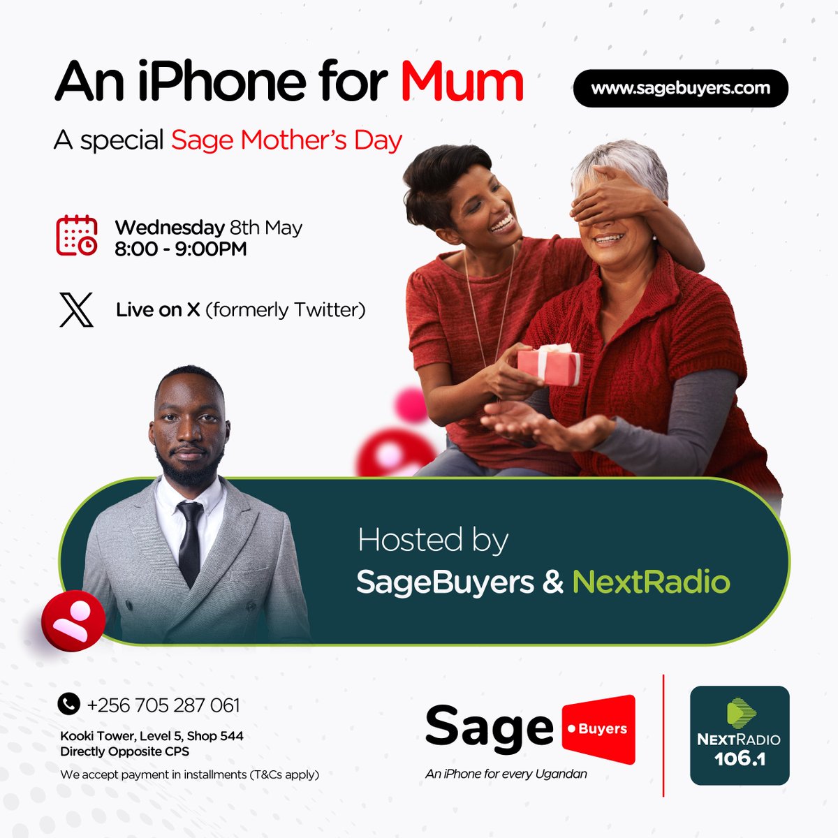 Mother's Day at Sage Buyers is special!! 🤩 

Join @Ssempijjastanle today at 8pm as he talks about about everything you need to know about the #SageMothersDay giveaway!   

Make sure you tune in!

#SageBuyers