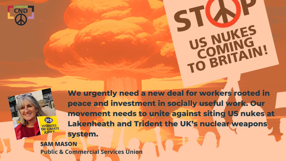 Help us show that US nukes are not welcome in Britain this Saturday at the US Embassy. We will have many speakers & performers, including CND Vice Chair and climate activist Sam Mason. Find more details about the event here: londoncnd.org/events/2024/4/…