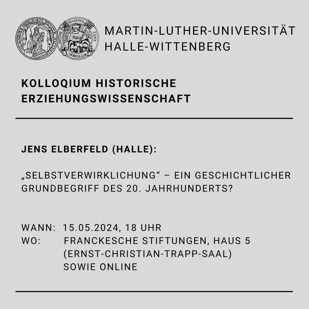 Nächste Woche Mittwoch an der
<a href="/UniHalle/">Universität Halle (inaktiv)</a>: Jens Elberfeld geht der Frage nach, ob "Selbstverwirklichung" als ein geschichtlicher Grundbegriff des 20. Jahrhunderts gelten kann.  
Das Kolloquium ist ebenfalls online hier zu sehen: mluconf.uni-halle.de/b/jen-3k3-cfc-…