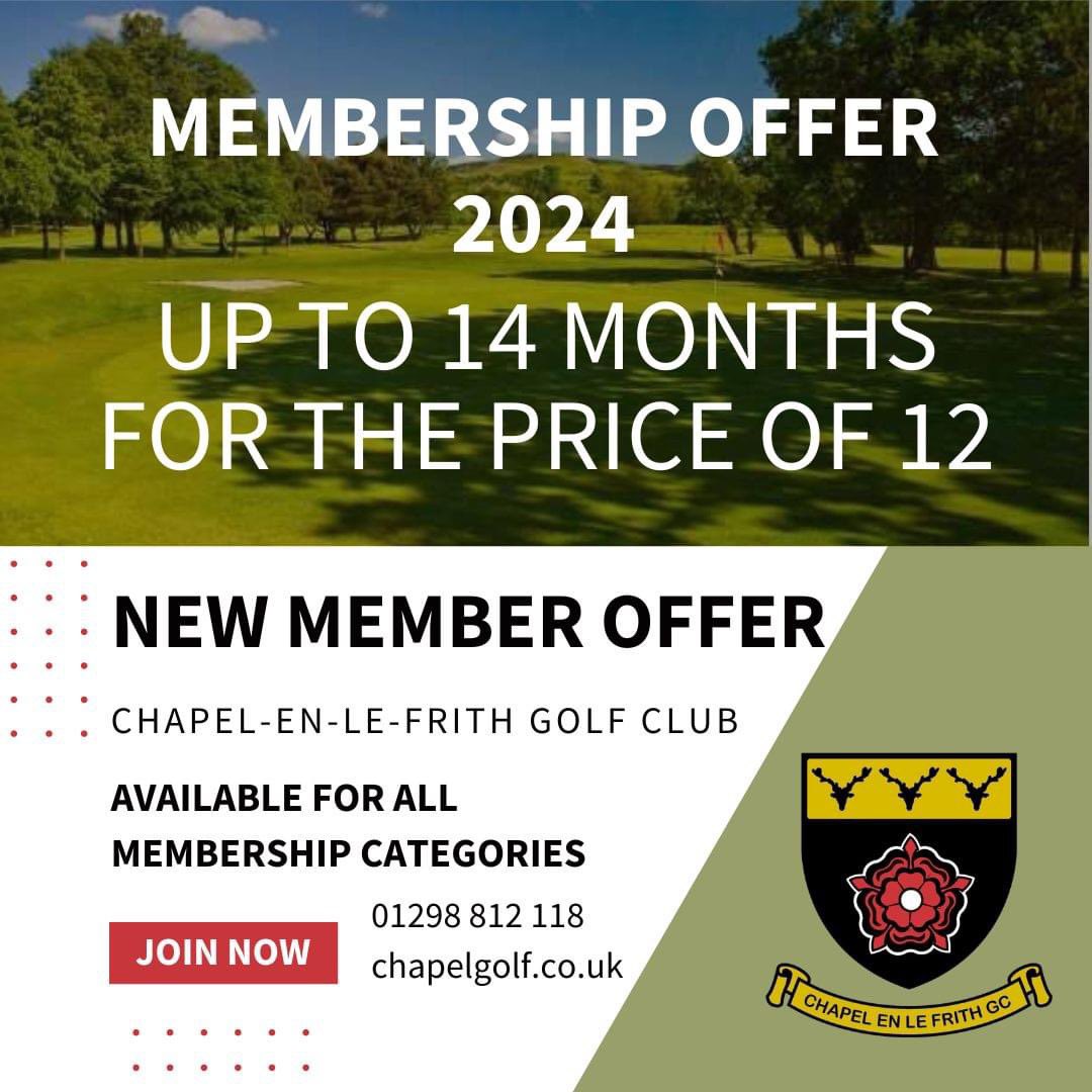 ⛳ NEW MEMBER OFFER 2024 ⛳

Get up to 14 months for the price of 12 when you become a Platinum, Gold, Silver or Bronze membership.
⛳️ Stunning 18-hole course
⛳️ Indoor swing room/simulator
⛳️ Members discount in the Clubhouse (food &amp; drink at Baileys At Chapel Golf Cub)