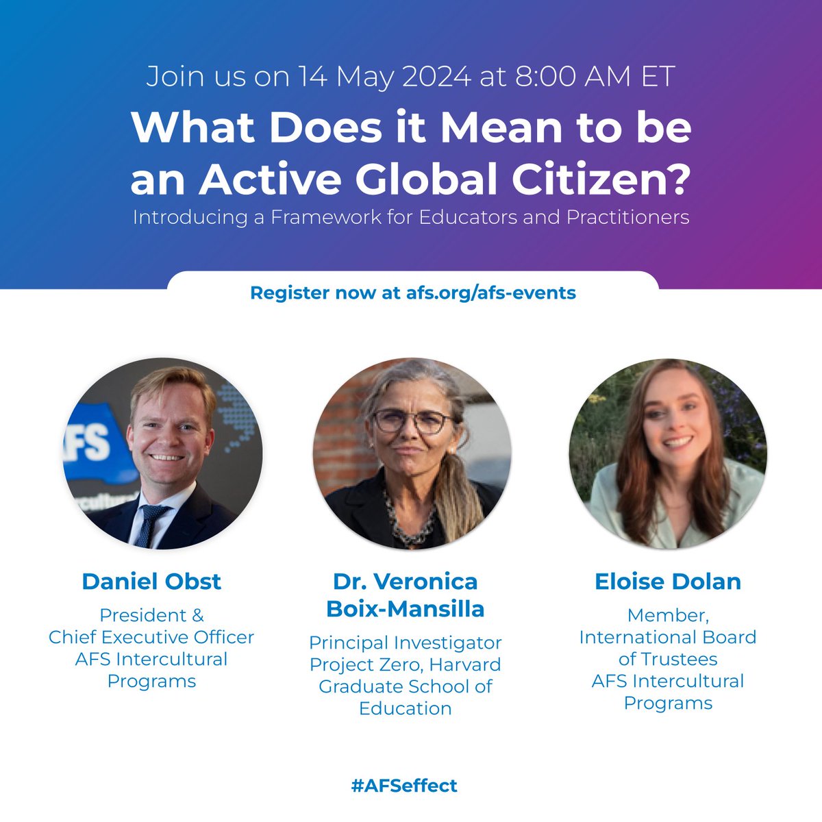 Mark your calendar! On May 14 discover the AFS Framework for Active Global Citizenship. @dtobst @VBoixMansilla and@Elowheeze will discuss our definition of Active Global Citizenship and its underlying educational principles. afs.org/afs-events/#af… #AFSeffect #education
