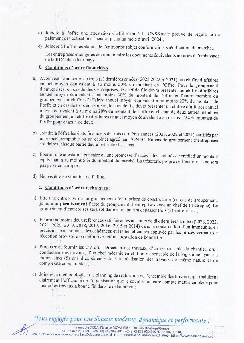 MamboKinsengwa's tweet image. #DGDA | 
AVIS D'APPEL D'OFFRE SANS PRÉ-QUALIFICATION N°002/AOI/FIN/DGDA/CGPMP/2024