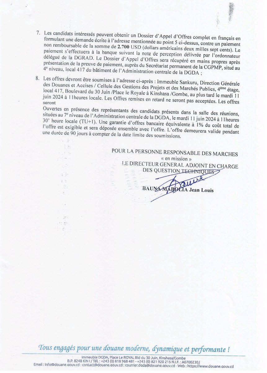 MamboKinsengwa's tweet image. #DGDA | 
AVIS D'APPEL D'OFFRE SANS PRÉ-QUALIFICATION N°002/AOI/FIN/DGDA/CGPMP/2024