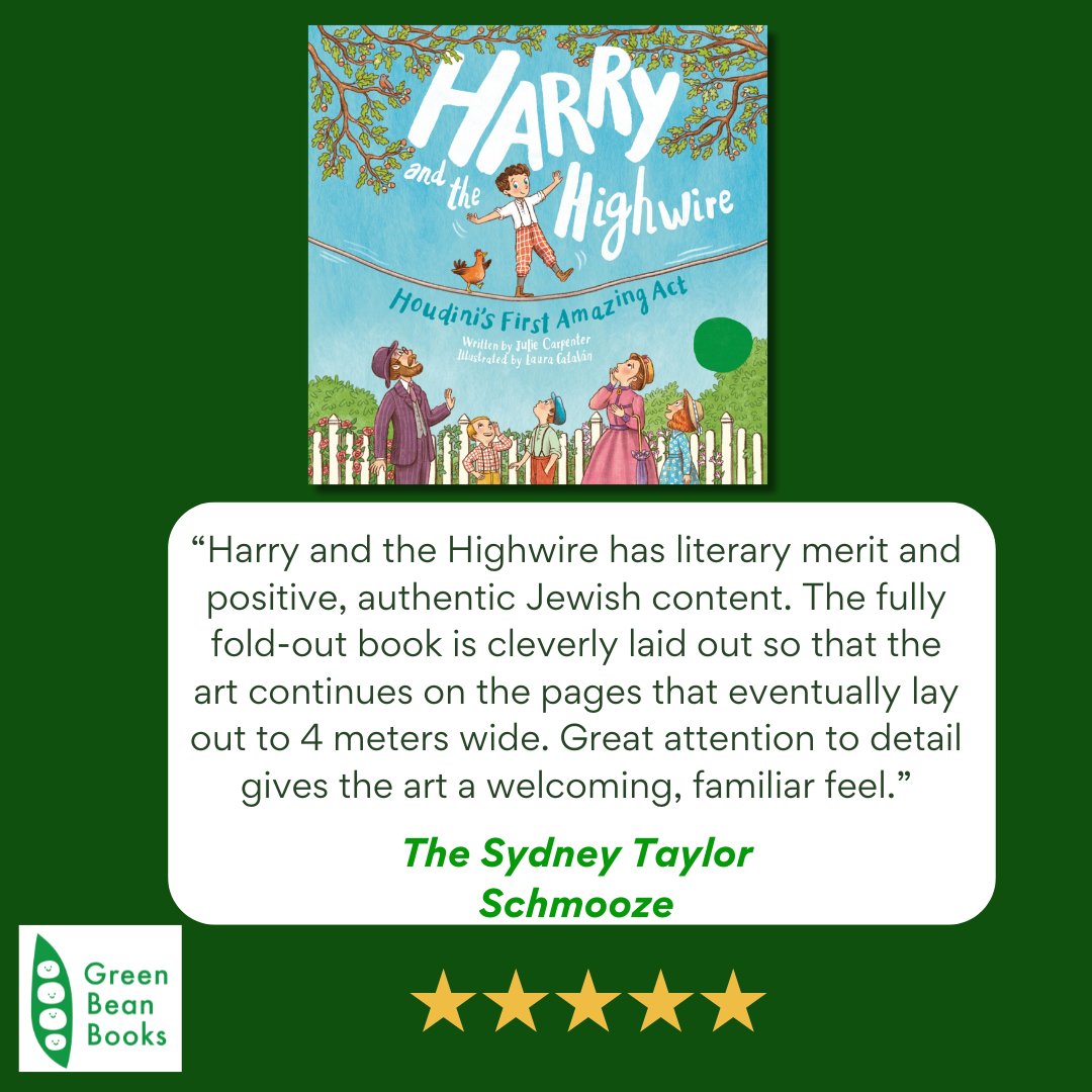 Glowing review for 'Harry and the Highwire' from The Sydney Taylor Schmooze, praising both the 'authentic Jewish content' and the 'welcoming, familiar feel' of the art. Available to buy at greenbeanbooks.com/ages-4-8/