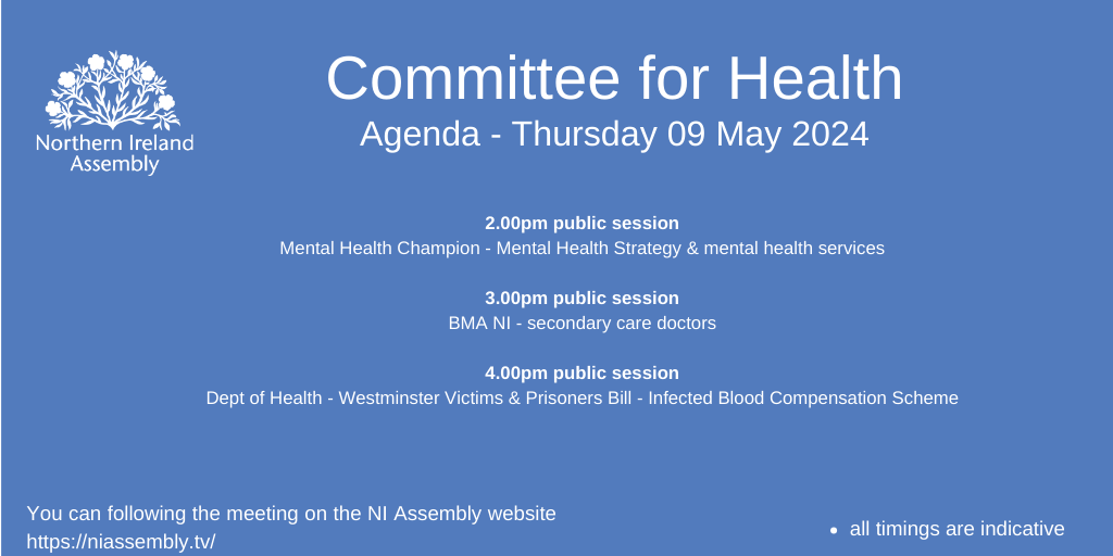 Tomorrow's agenda. First in front of Committee will be @MHC_NI on Mental Health Strategy, then @BMA_NI on provision of secondary care doctors then @healthdpt on Victims and Prisoners Bill - infected blood compensation scheme. Follow on our website from 2pm