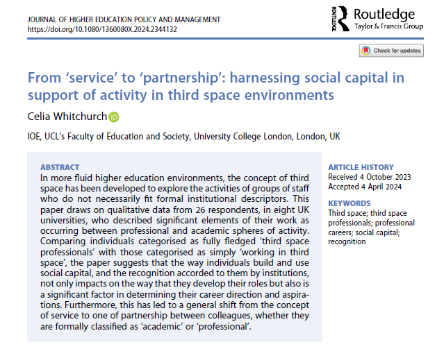 Some new reading fresh off the press! Whitchurch makes a strong argument for building social and professional capital to allow people to thrive in the third space. #ThirdSpace #HigherEducation #careers