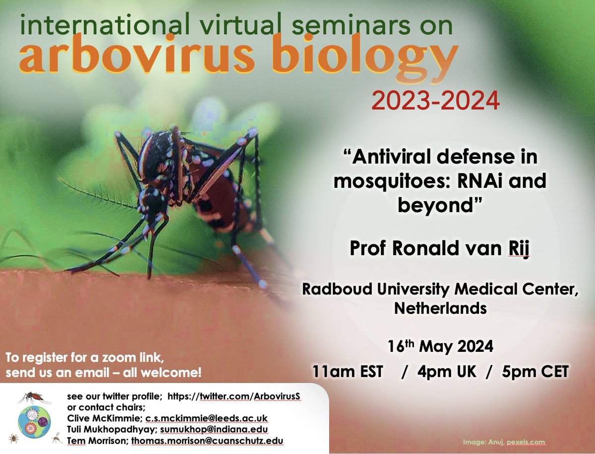Arbovirus Seminars (@arboviruss) on Twitter photo Next THURSDAY, we have one of the leaders in #vector immunity to #arboviruses, with Ronald van Rij from <a href="/radboudumc/">Radboudumc</a> giving a seminar. All welcome!
Please help with a RT.
Learn more about their research here vanrijlab.org Next THURSDAY, we have one of the leaders in #vector immunity to #arboviruses, with Ronald van Rij from <a href="/radboudumc/">Radboudumc</a> giving a seminar. All welcome!
Please help with a RT.
Learn more about their research here vanrijlab.org