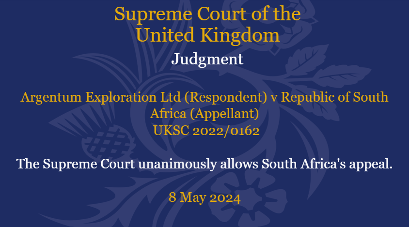 Judgment has been handed down today in the matter of Argentum Exploration Ltd (Respondent) v Republic of South Africa (Appellant) UKSC 2022/0162: supremecourt.uk/cases/uksc-202…