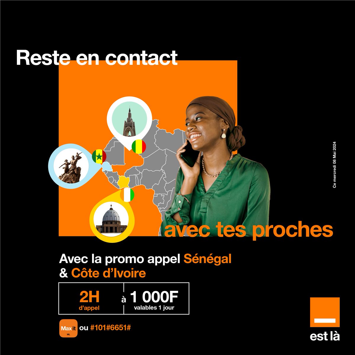 Ce mercredi, c’est 2h d’appel vers Orange Sénégal et Orange Côte d'Ivoire à 1000F.
RDV ici t.ly/Maxitou au #101#6651#
#OrangeMali #Promo #Senegal #Cotedivoire