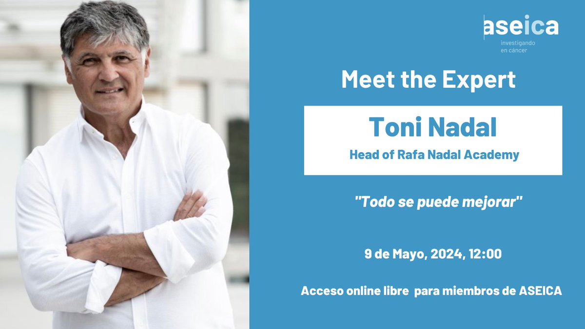 ➡️Mañana celebramos el MEET THE EXPERT con Toni Nadal, director de la @rnadalacademy🎾 ⏰9 MAYO(12:00) Para socios de ASEICA. Acceso limitado. Las inscripciones se asignarán por estricto orden de recepción ✍️acortar.link/qjoZ2Z #ASEICA4You @TCeliaTerrassa @JorgeBarbazan
