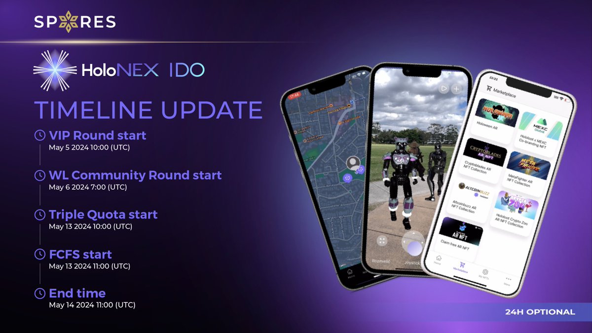 🗓 @HoloNexAR 𝗜𝗗𝗢 𝗡𝗲𝘄 𝗧𝗶𝗺𝗲𝗹𝗶𝗻𝗲 🗓 We would like to inform you that the sale schedule for @HoloNexAR has been updated to better align with the listing date ✔️ Updated timeline 👇 - VIP Round start: May 5 2024 10:00 (UTC) - Whitelist Community Round start: May 6…