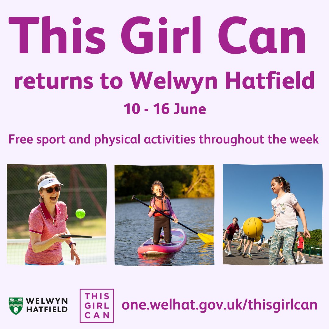 #ThisGirlCanWeek is returning to Welwyn Hatfield between 10 - 16 June 2024! 💜🎉 If you're a sports, dance or physical activity provider why not run free sessions during the week? Fill out our online form so we can get in contact: welhat.gov.uk/xfp/form/167