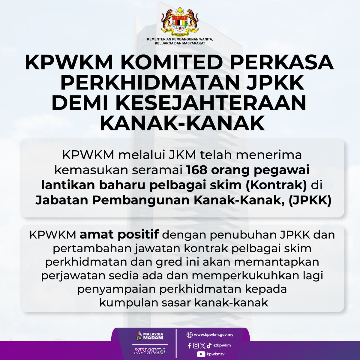 Tahniah dan syabas kepada pegawai pelbagai klasifikasi skim perkhidmatan yang dilantik di Jabatan Pembangunan Kanak-kanak (JPKK).