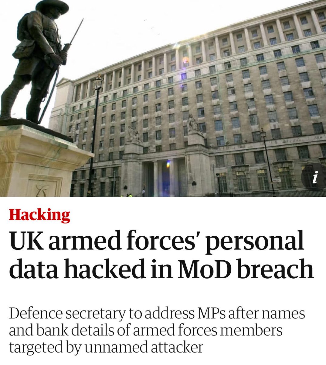 The MoD has been hacked
The Govt is looking for a scapegoat
SSCL (Shared Services Connected Ltd) is the contractor
SSCL is a subsidiary of the Paris-based tech company Sopra Steria
Up to 272,000 service personnel may have been hit by the data breach

#ToryCuts 
#ToryIncompetence