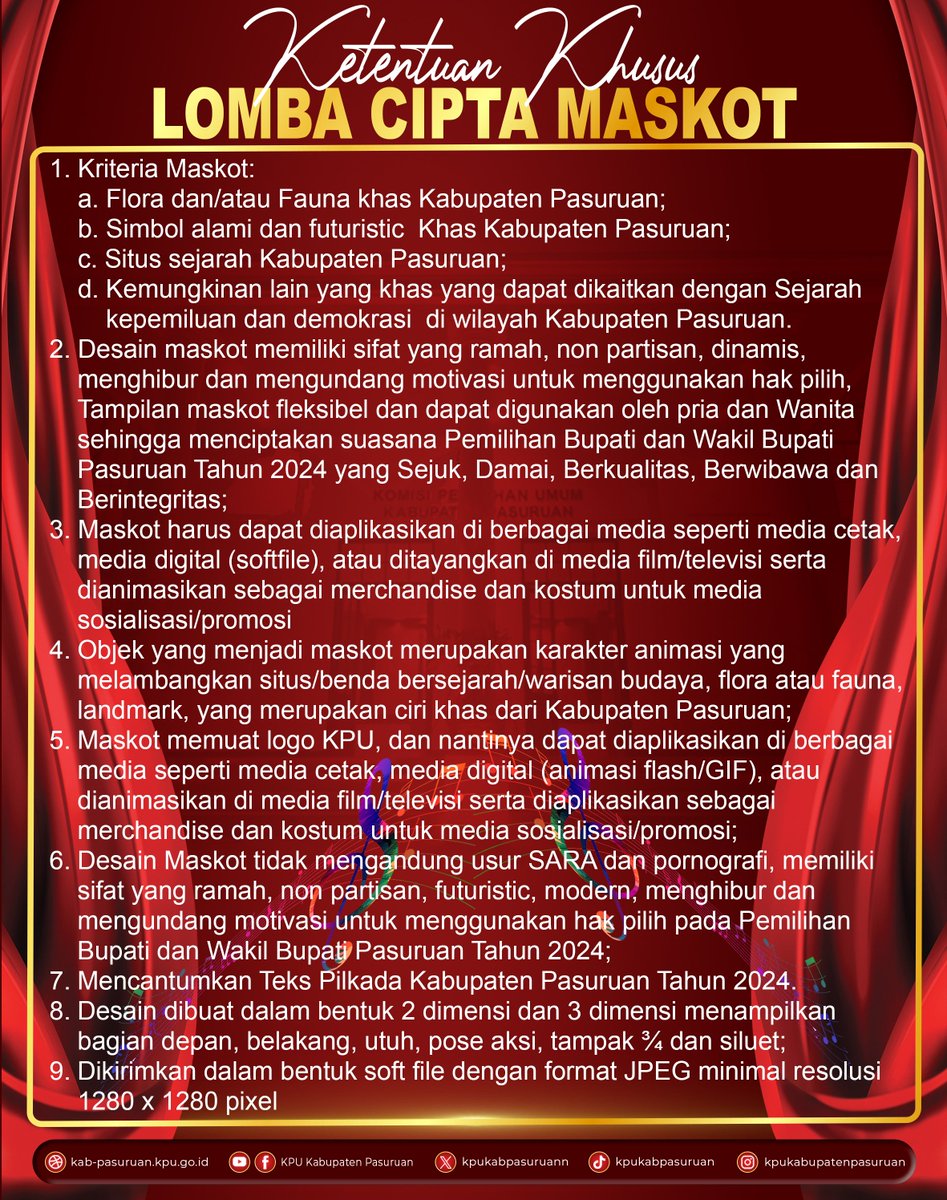 kpukabpasuruann's tweet image. KPU Kabupaten Pasuruan mengadakan Sayembara Lomba Cipta Maskot dan Jingle untuk Pemilihan Bupati dan Wakil Bupati Pasuruan Tahun 2024.

Bagi kalian yang memiliki bakat, dapat disalurkan dengan mengikuti ajang lomba tersebut.

dengan Hadiah total sejumlah 30Jt Rupiah. 🔥