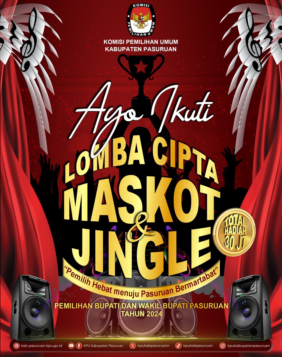 kpukabpasuruann's tweet image. KPU Kabupaten Pasuruan mengadakan Sayembara Lomba Cipta Maskot dan Jingle untuk Pemilihan Bupati dan Wakil Bupati Pasuruan Tahun 2024.

Bagi kalian yang memiliki bakat, dapat disalurkan dengan mengikuti ajang lomba tersebut.

dengan Hadiah total sejumlah 30Jt Rupiah. 🔥