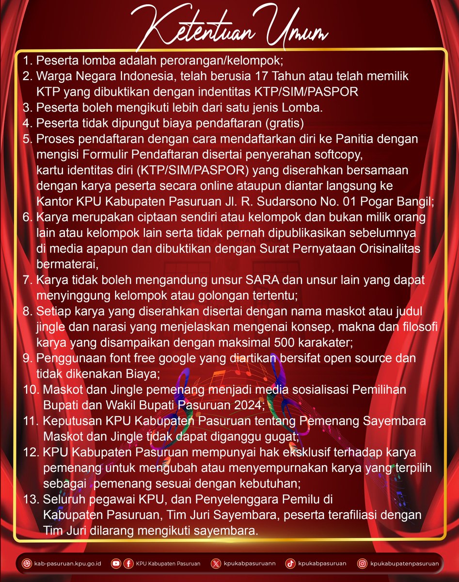 kpukabpasuruann's tweet image. KPU Kabupaten Pasuruan mengadakan Sayembara Lomba Cipta Maskot dan Jingle untuk Pemilihan Bupati dan Wakil Bupati Pasuruan Tahun 2024.

Bagi kalian yang memiliki bakat, dapat disalurkan dengan mengikuti ajang lomba tersebut.

dengan Hadiah total sejumlah 30Jt Rupiah. 🔥