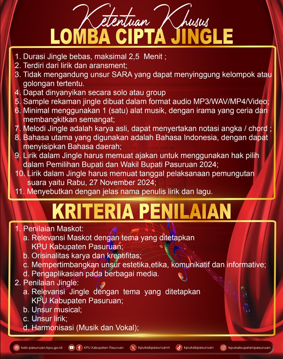 kpukabpasuruann's tweet image. KPU Kabupaten Pasuruan mengadakan Sayembara Lomba Cipta Maskot dan Jingle untuk Pemilihan Bupati dan Wakil Bupati Pasuruan Tahun 2024.

Bagi kalian yang memiliki bakat, dapat disalurkan dengan mengikuti ajang lomba tersebut.

dengan Hadiah total sejumlah 30Jt Rupiah. 🔥